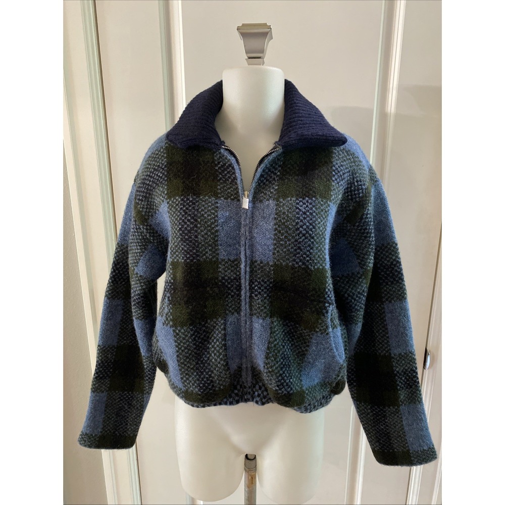 ZARA Plaid Knit Bomber Jacket Zip Up Checked Cardigan Cozy Pockets -Size M